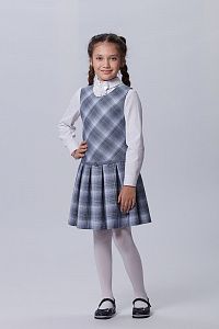Сарафан КЛ серо-голубой: на подкладке, юбка в складку с поясом на пряжке